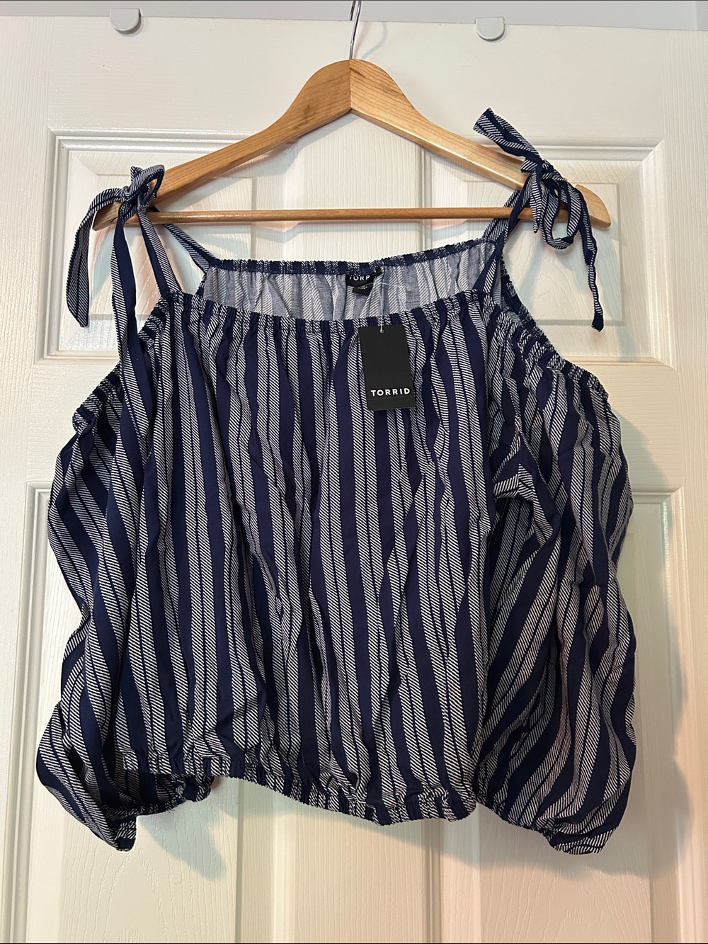 torrid Navy and White Striped Tie-Shoulder Off-the-Shoulder Top